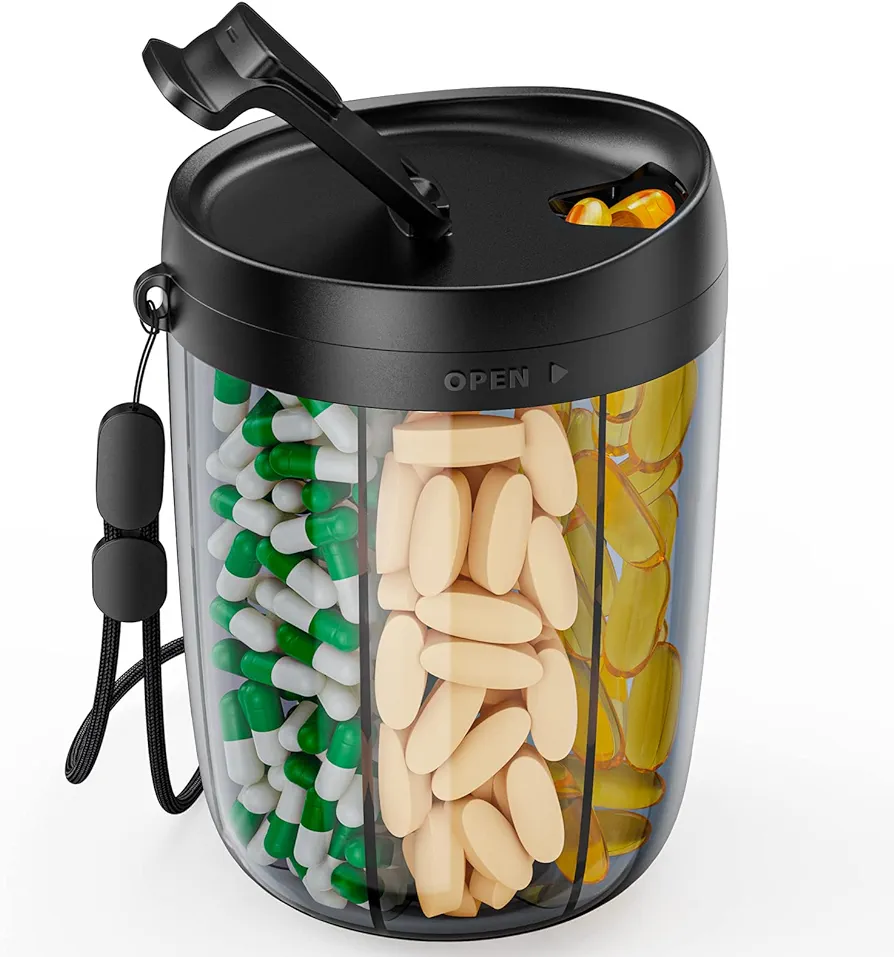 Product photo of the pill organizer I own, which looks like a to-go coffee mug but it's full of pills.